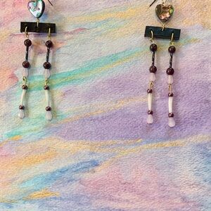 Rose Quartz Abalone Garnet and Dentalium Earrings on Leather and Gold